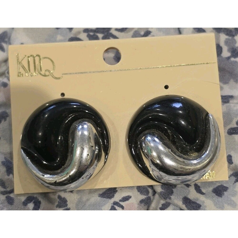 Vintage KMQ Modernist Black Silver Tone Swirl Lg Statement Clip On Earrings NOS